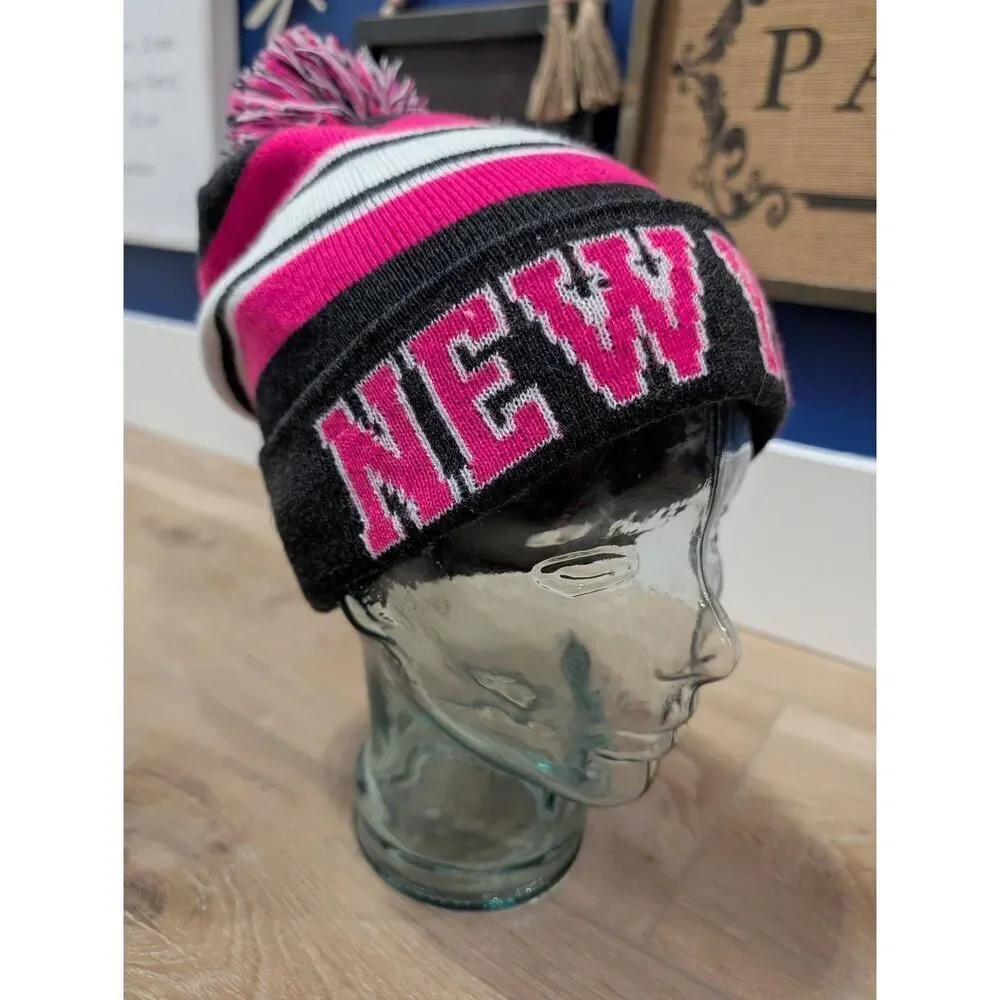 New York Pink Navy Pom Pom Beanie Hat Women’s Winter Knit Cap READ